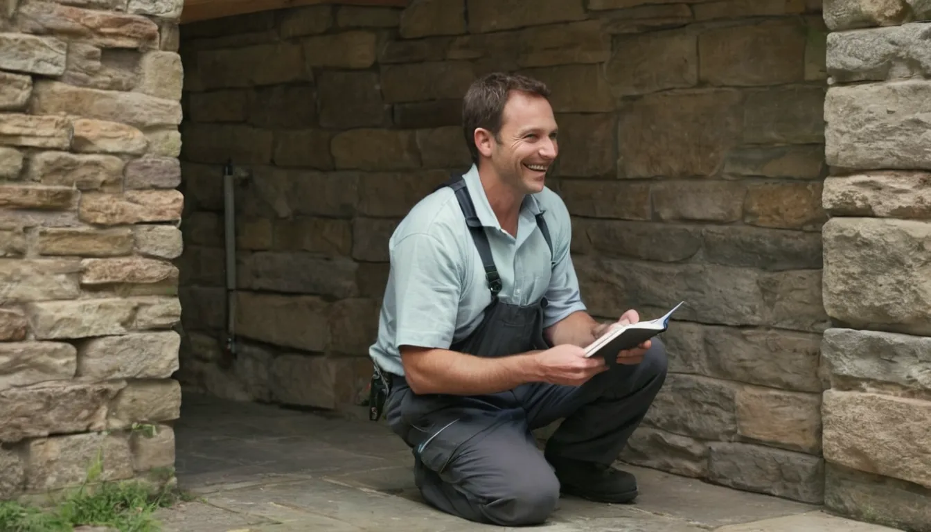 A friendly local pest control provider showing a homeowner a sealed gap by a basement foundation in the Attleboro area
